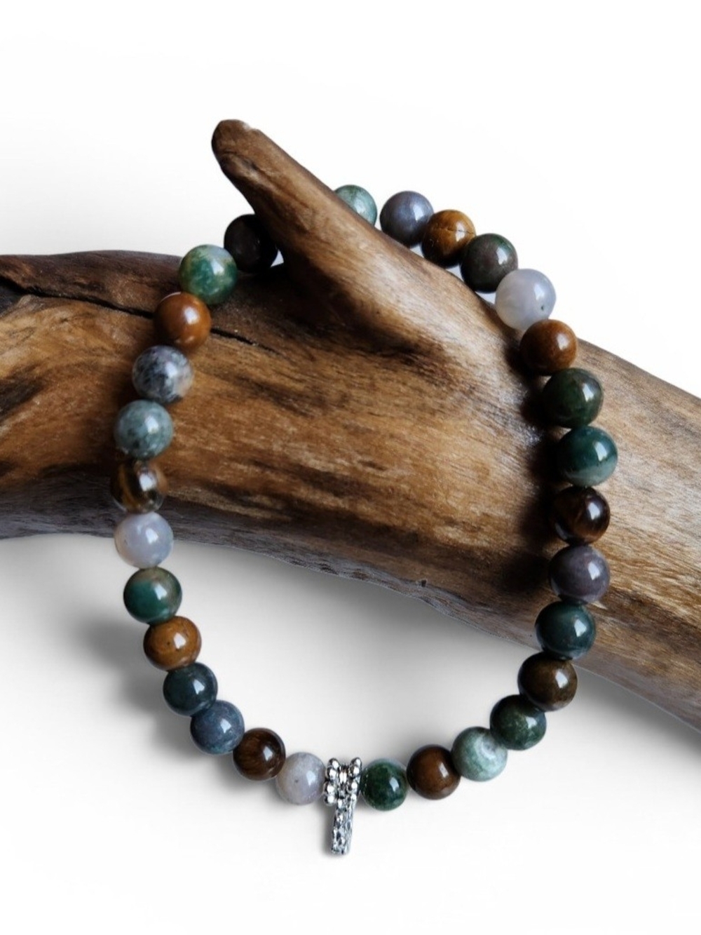 Handmade Natural Stone Beaded Bracelet with Silver Tree Charm